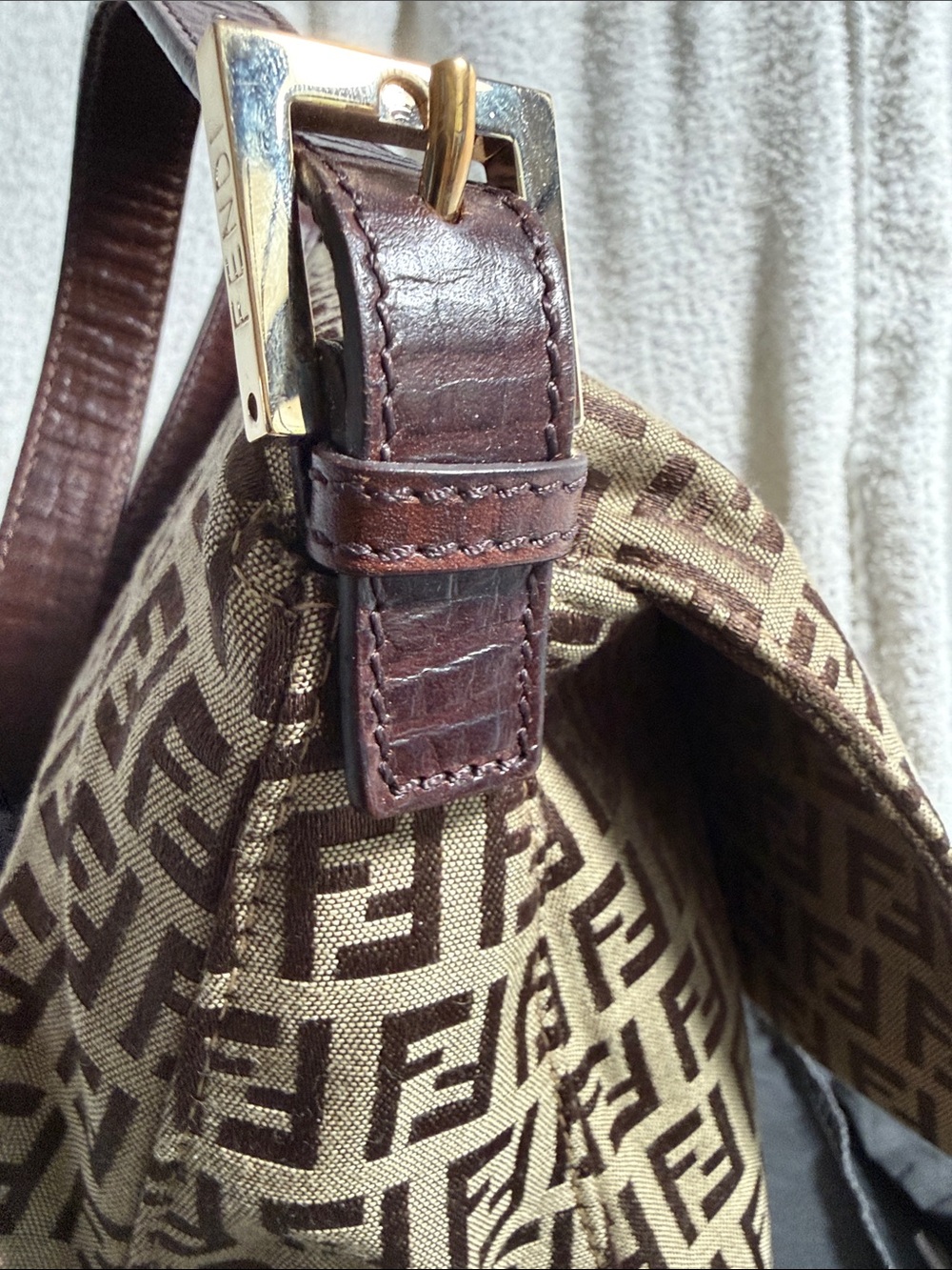 Fendi Tan and Brown FF Canvas Shoulder Bag with Gold Buckle - Picture 6 of 7